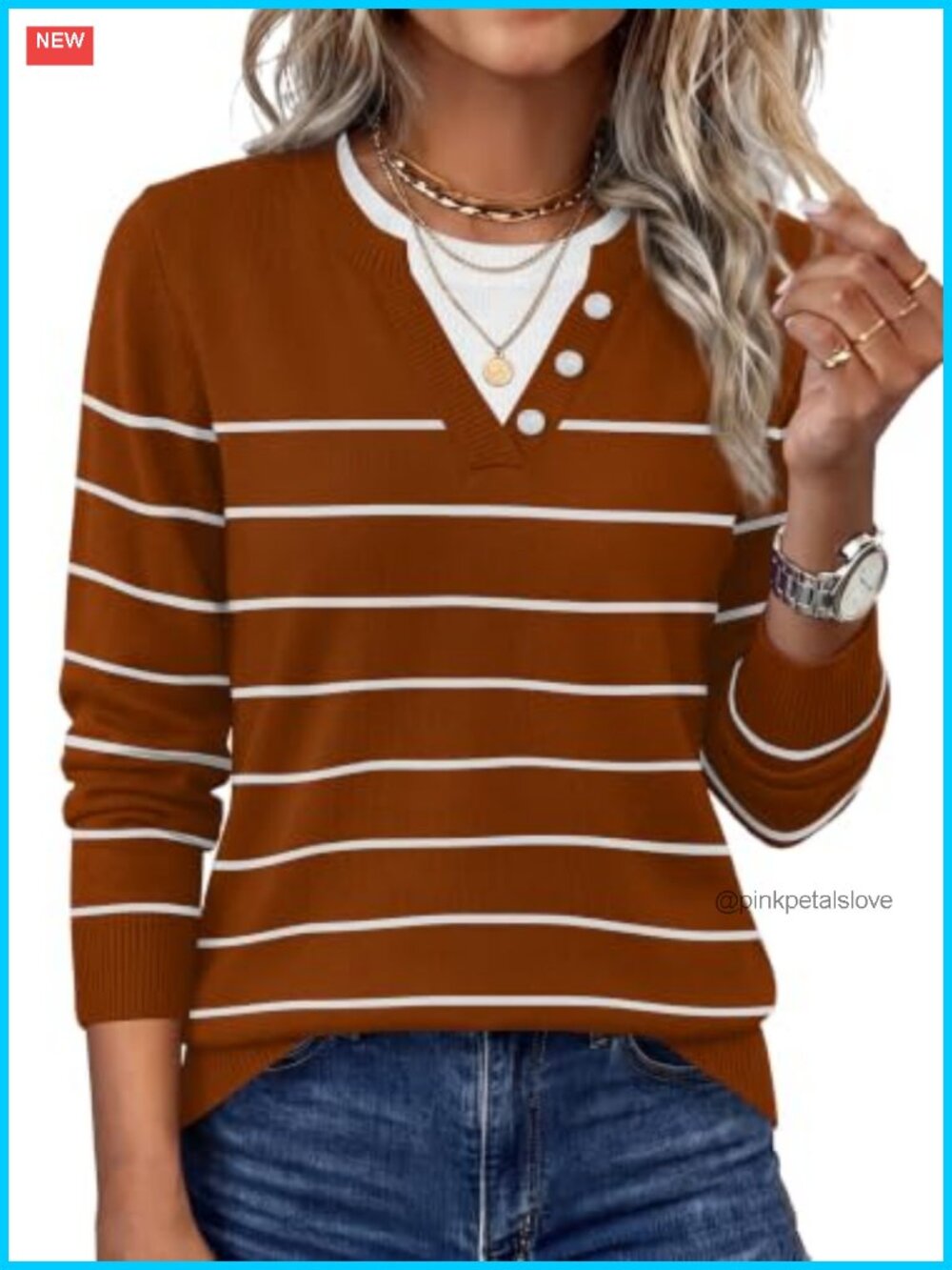 Lightweight Knit Pullover Sweater with Button Placket and Contrast Collar